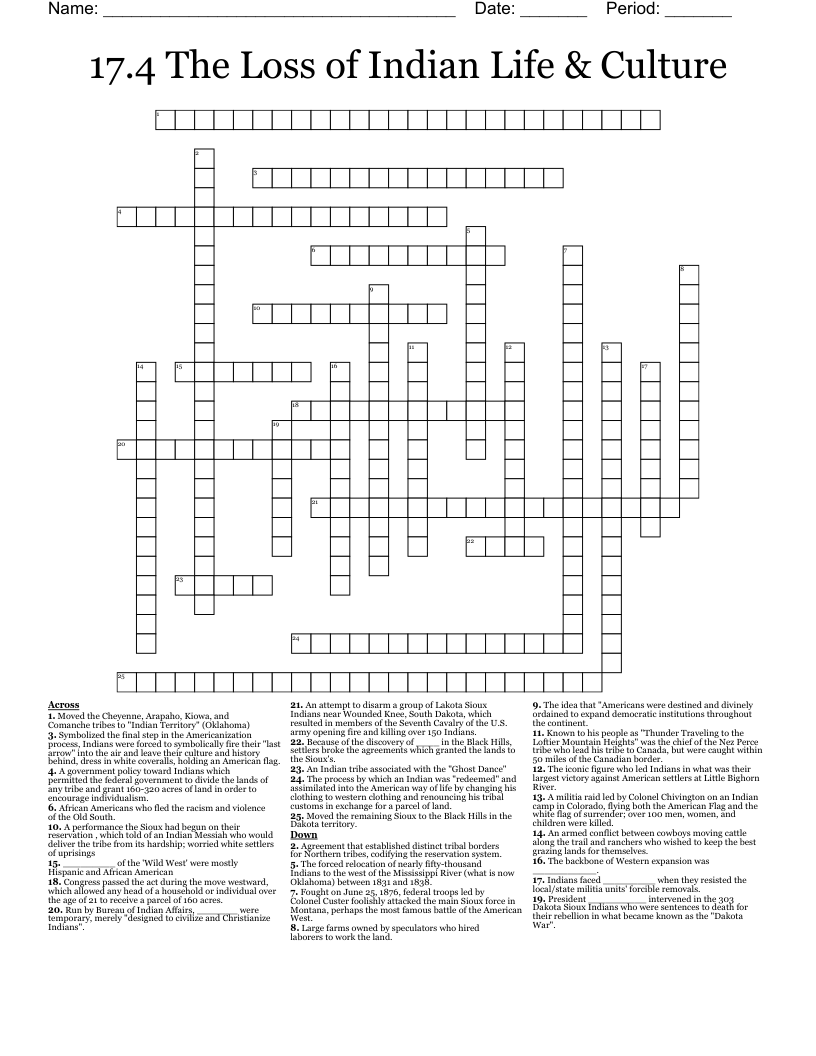 17.4 The Loss of Indian Life & Culture  Crossword