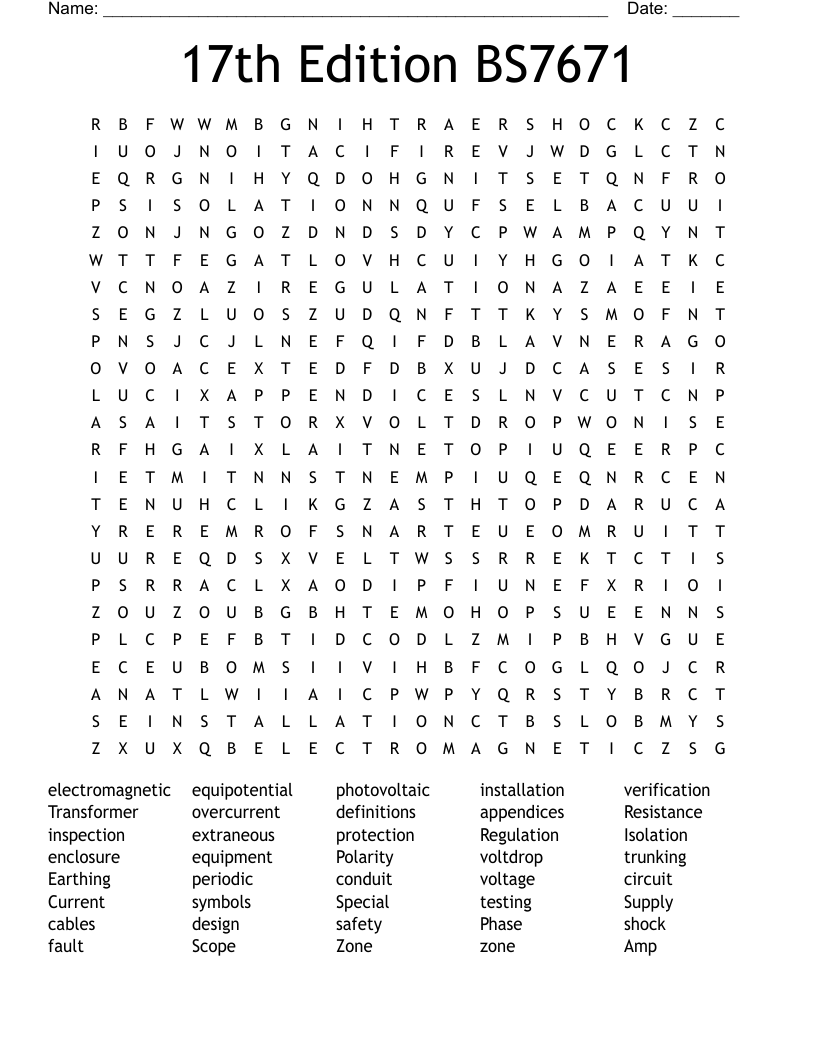 17th Edition BS7671 Word Search