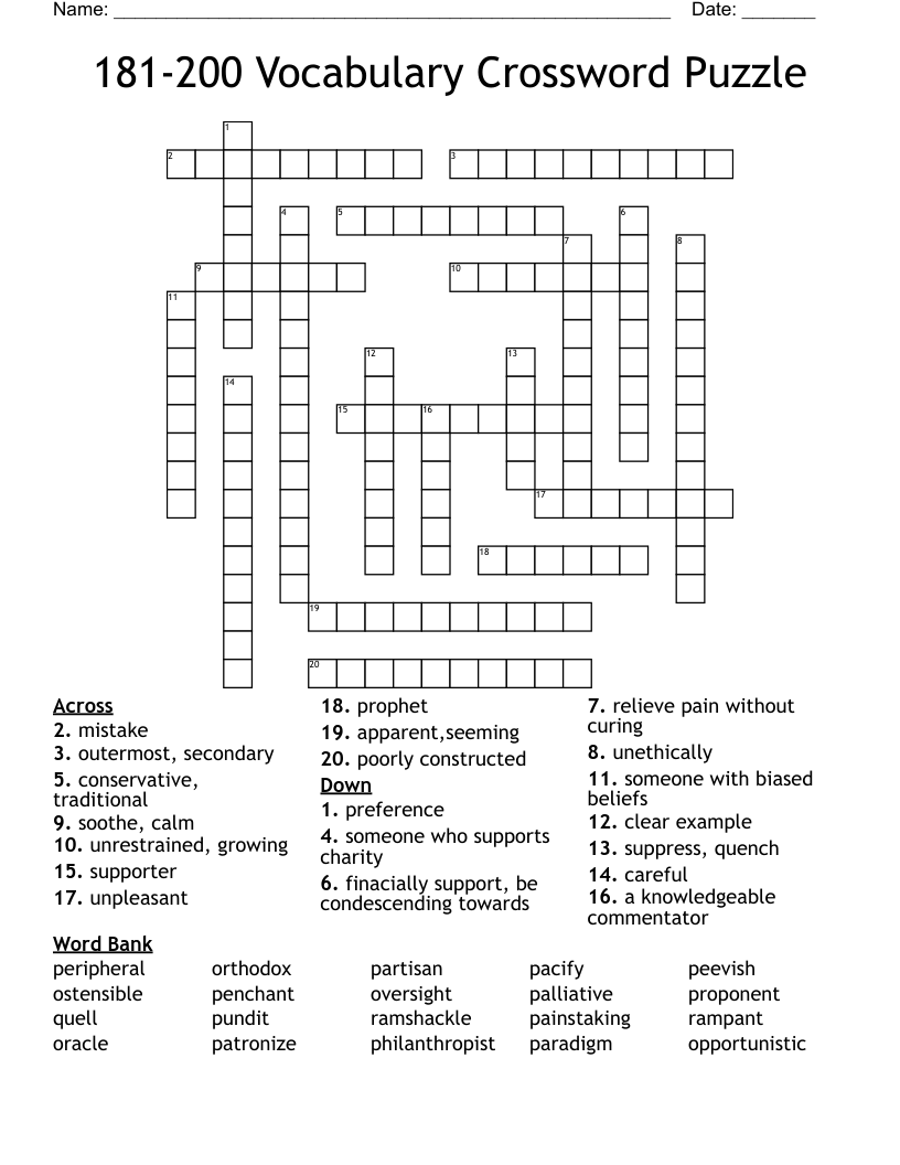 181-200 Vocabulary Crossword Puzzle