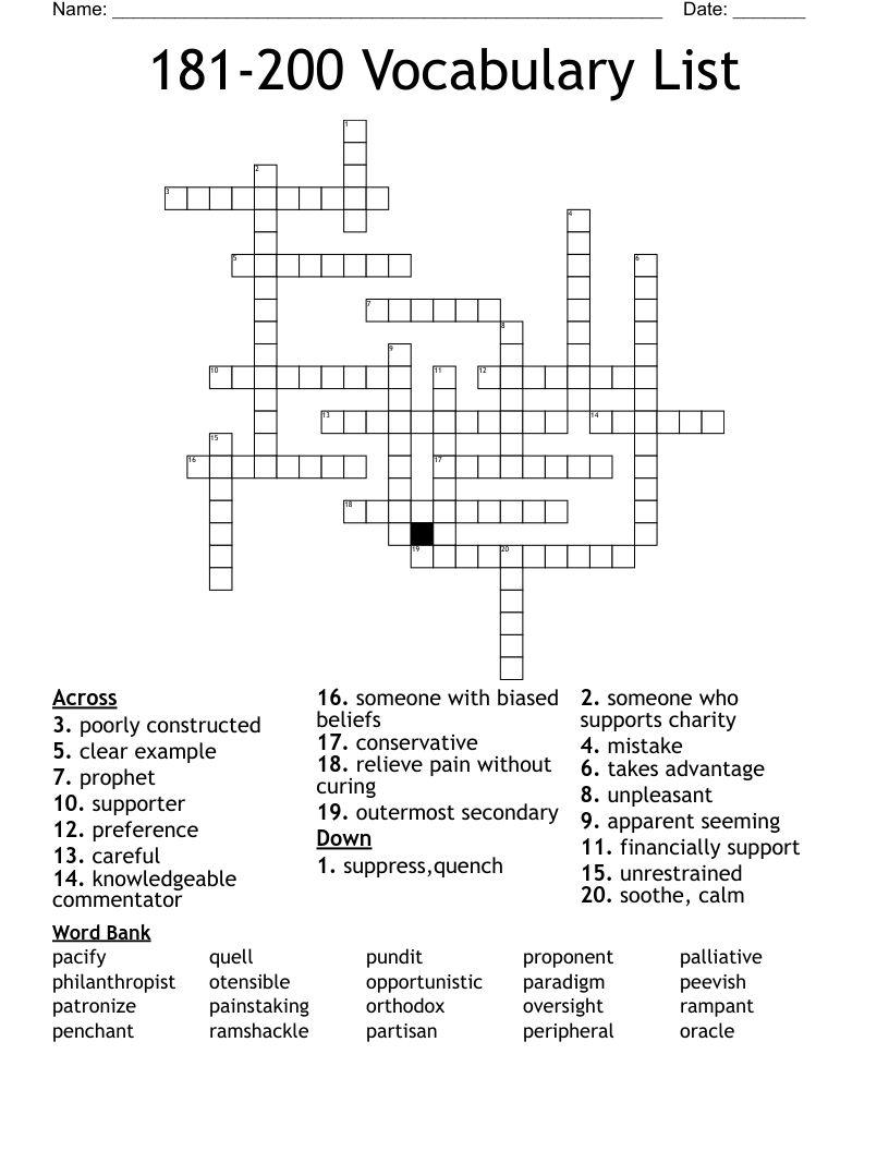 181-200 Vocabulary List  Crossword