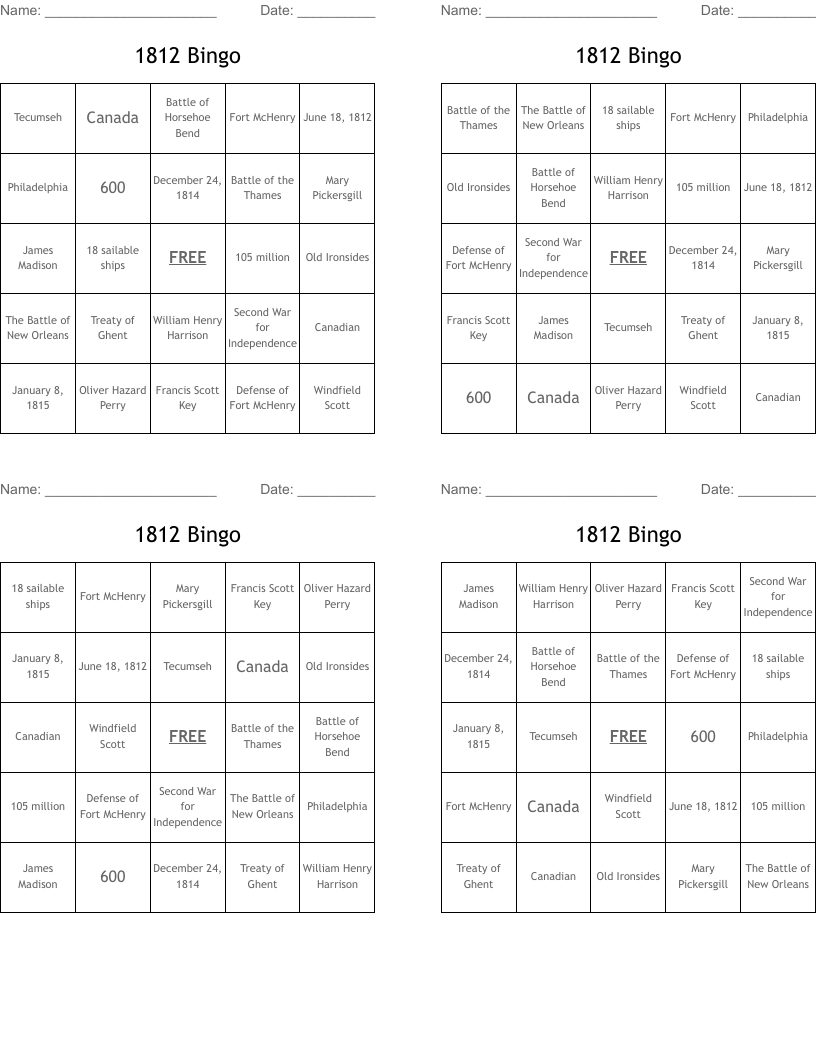 1812 Bingo