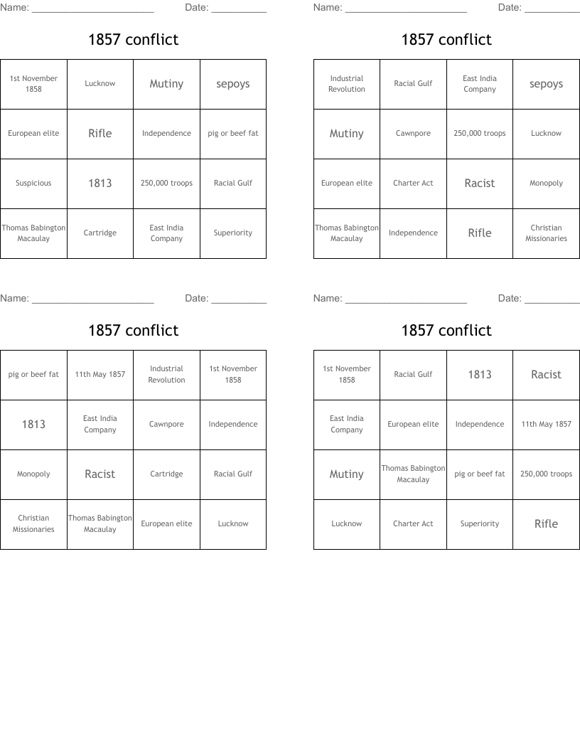 1857 conflict Bingo Cards