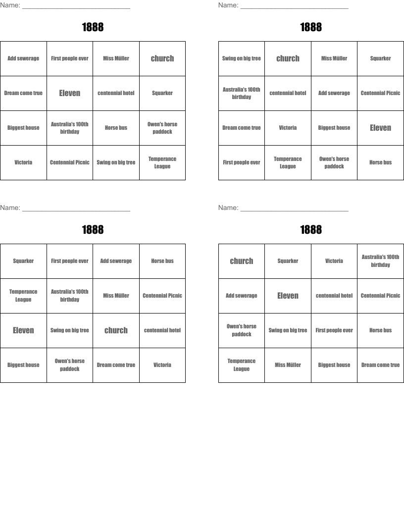 1888 Bingo Cards