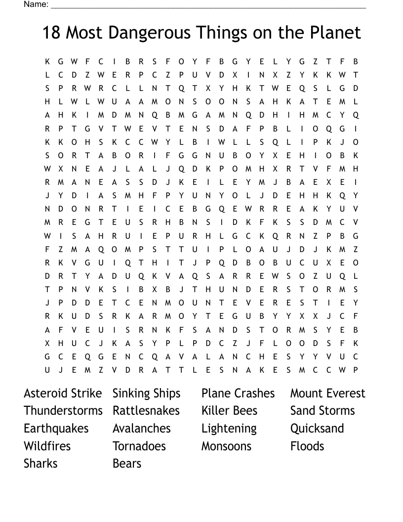 18 Most Dangerous Things on the Planet Word Search