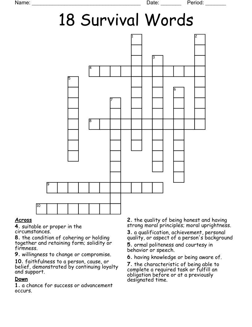 18 Survival Words Crossword
