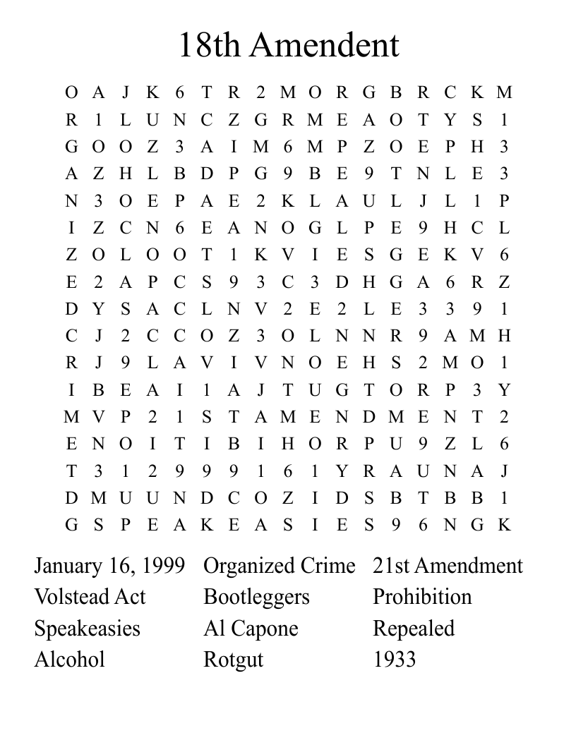 18th Amendent Word Search