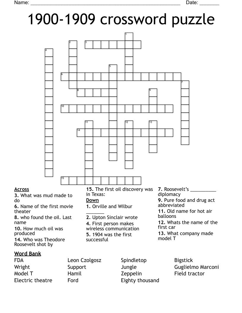 1900-1909 crossword puzzle 
