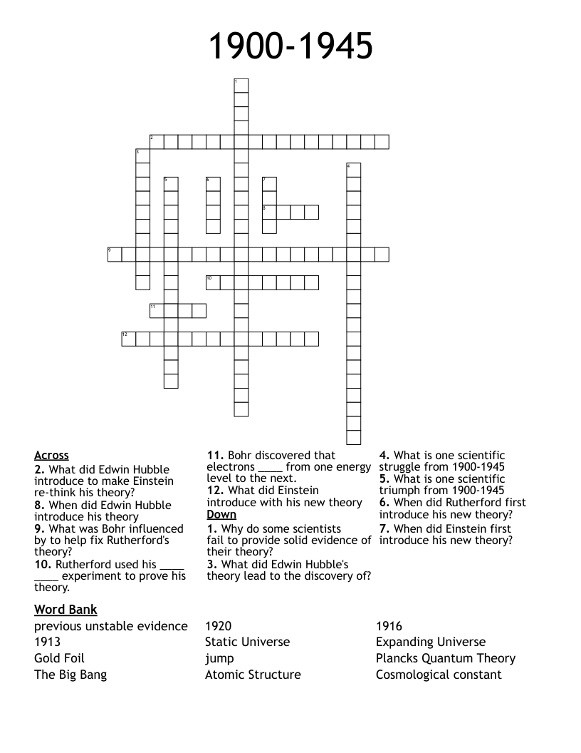 1900-1945 Crossword