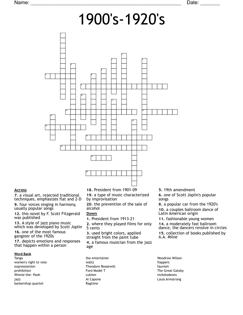 1900's-1920's Crossword