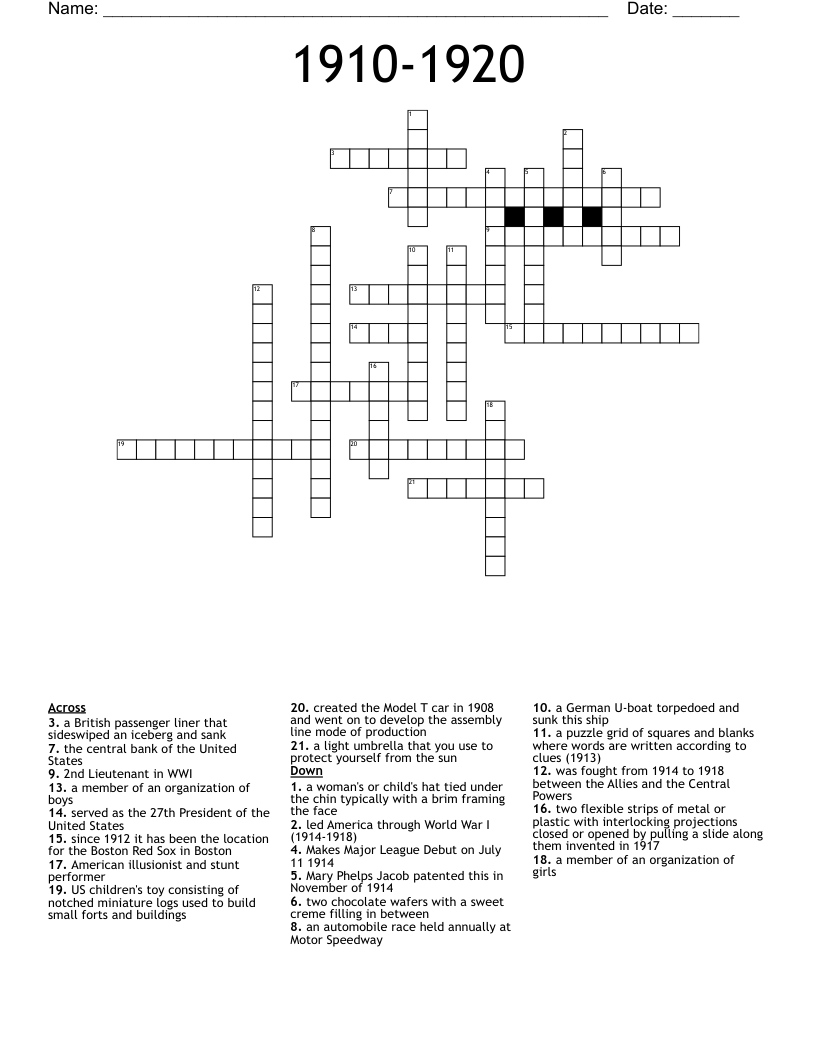 1910-1920 Crossword