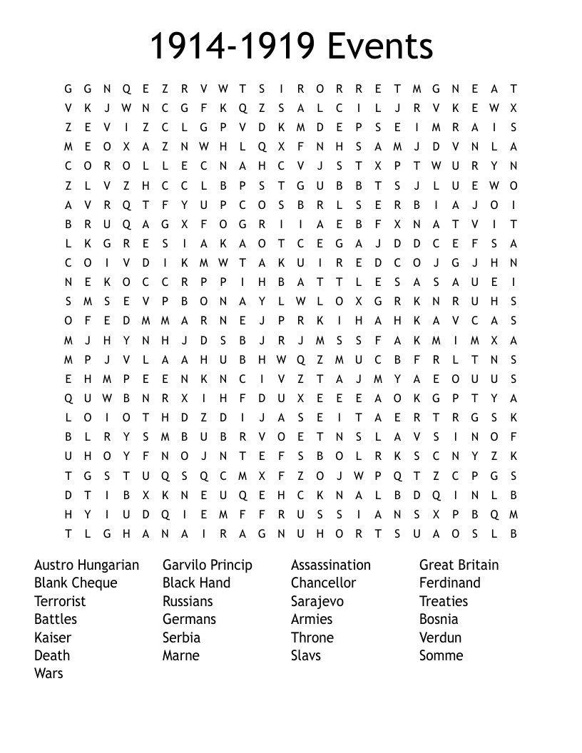 1914-1919 Events Word Search