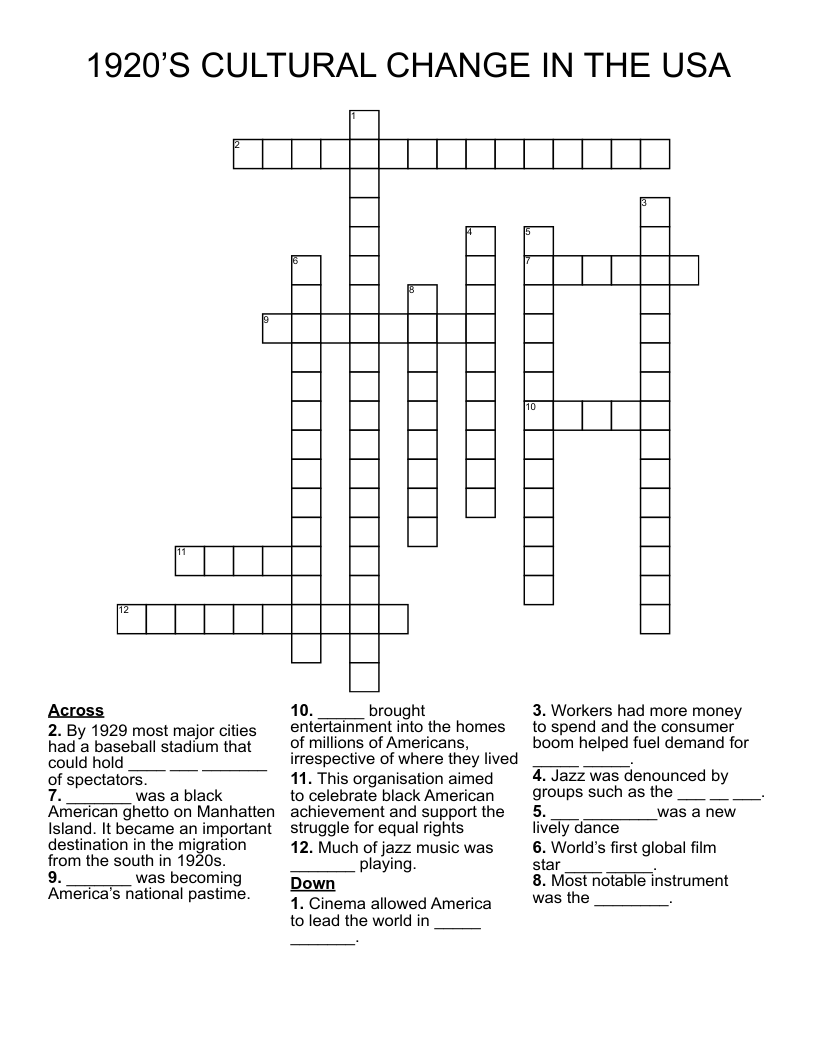 1920’S CULTURAL CHANGE IN THE USA Crossword