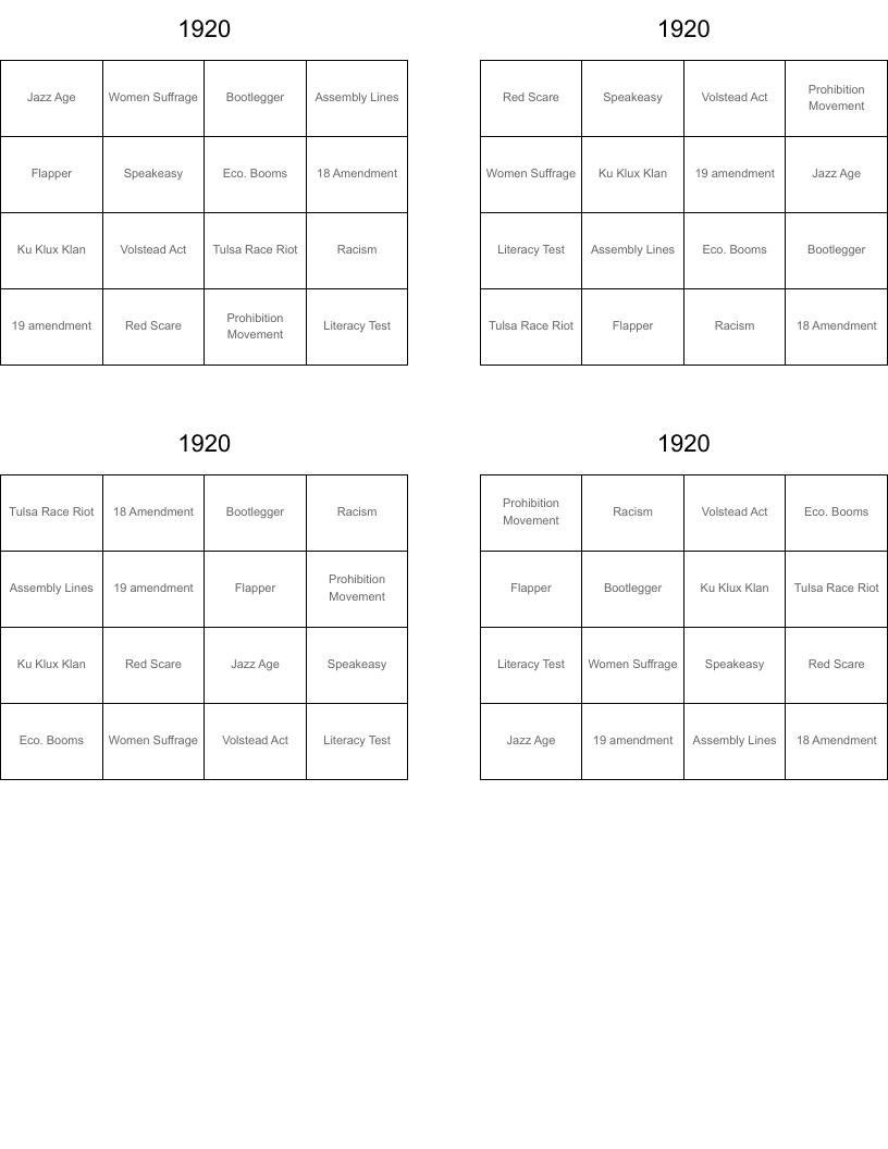 1920 Bingo Cards