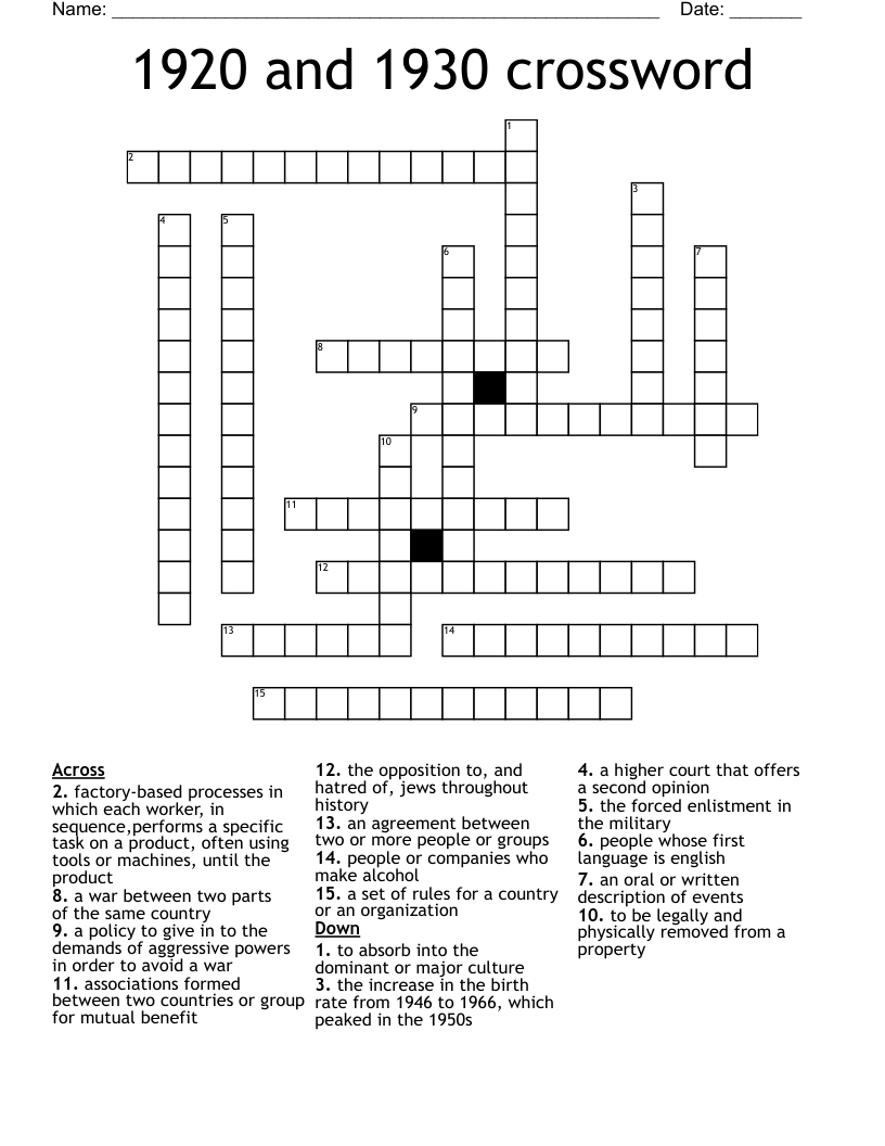 1920 and 1930 crossword
