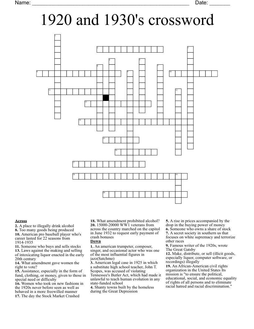 1920 and 1930's crossword