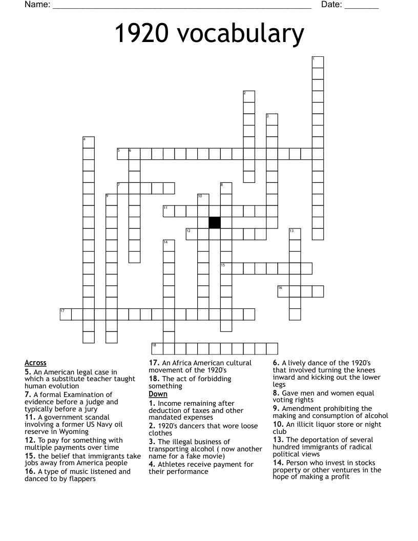 1920 vocabulary  Crossword