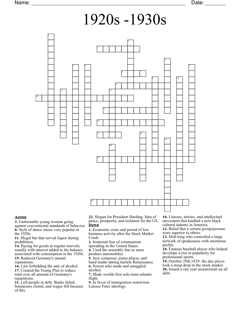 1920s -1930s Crossword