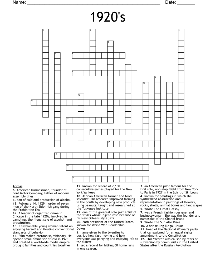 1920's Crossword