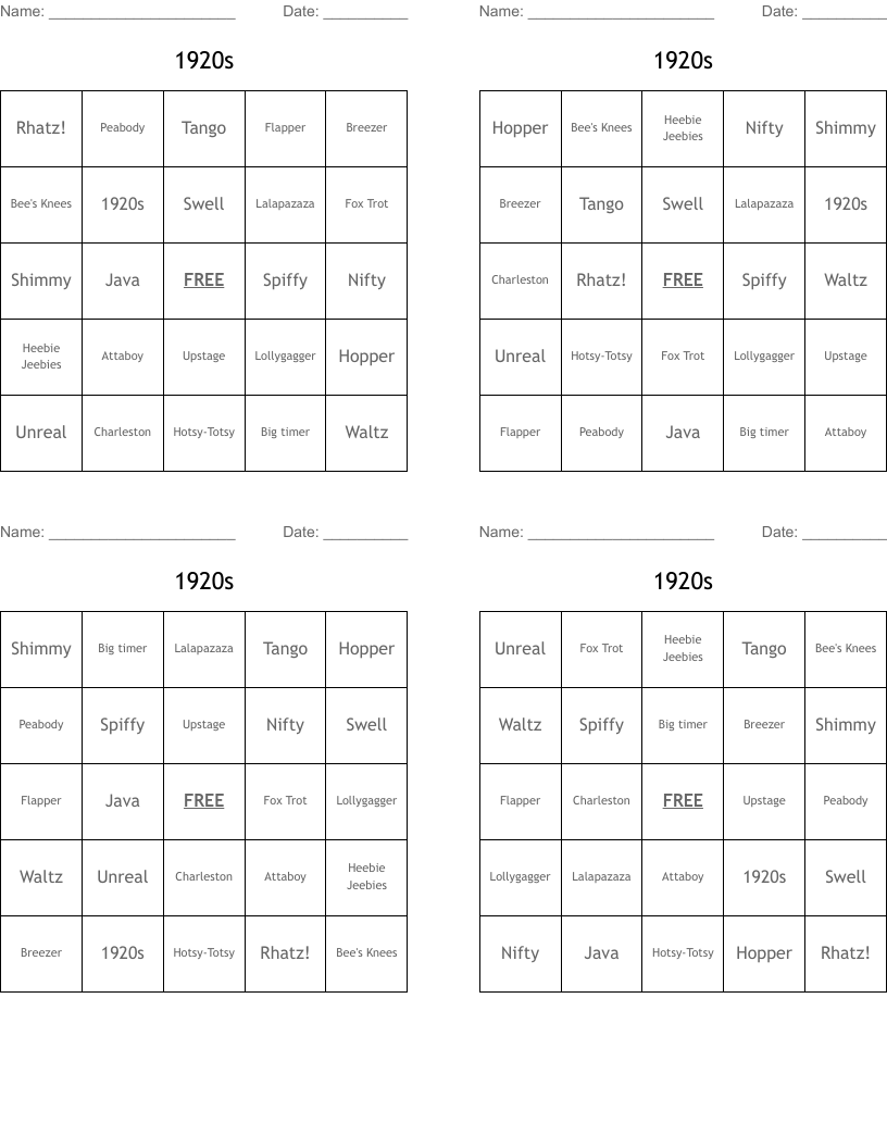 1920s Bingo Cards