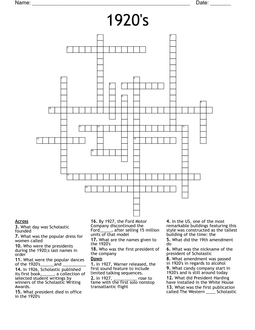 1920's Crossword