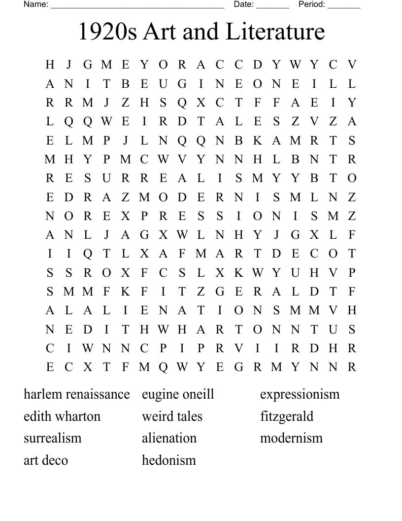 1920s Art and Literature Word Search