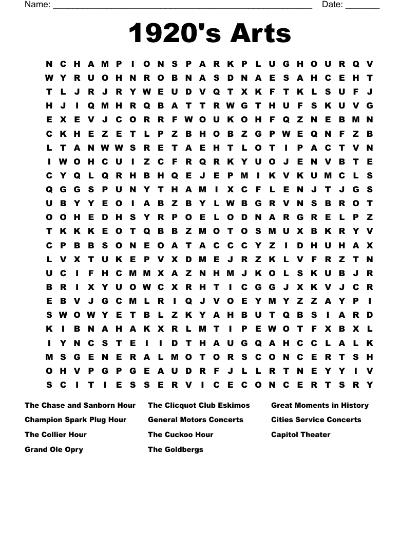 1920's Arts Word Search