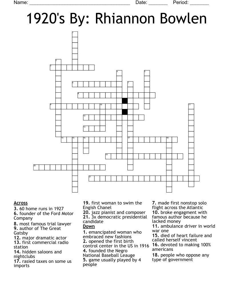 1920's By: Rhiannon Bowlen Crossword