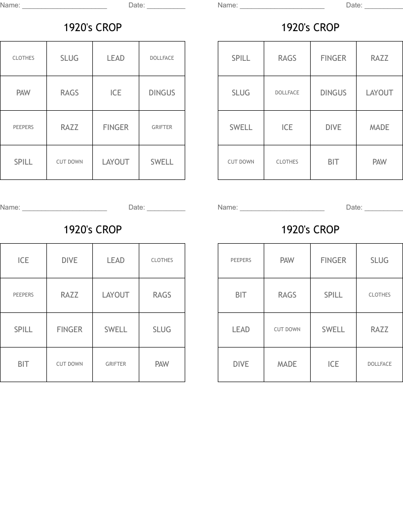 1920's CROP Bingo Cards