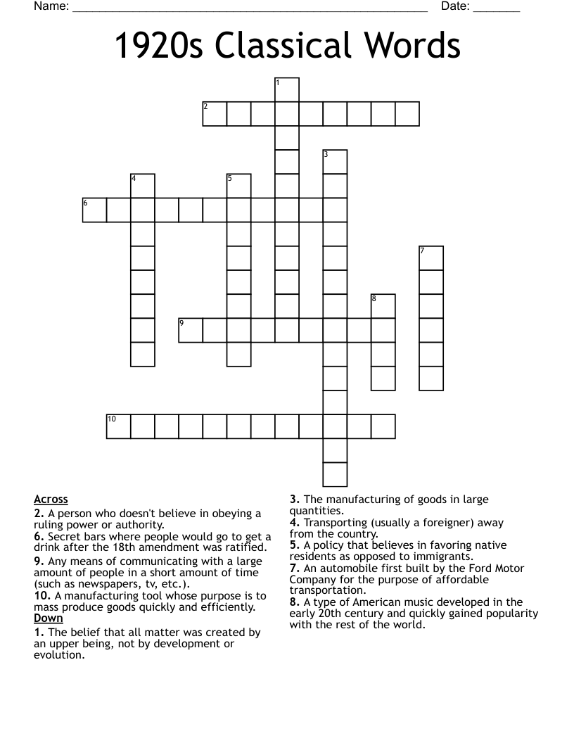 1920s Classical Words Crossword
