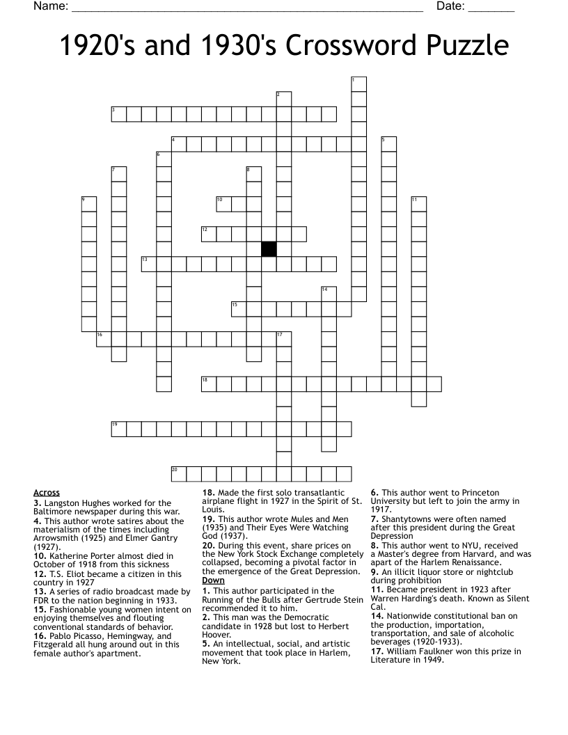 1920's and 1930's Crossword Puzzle