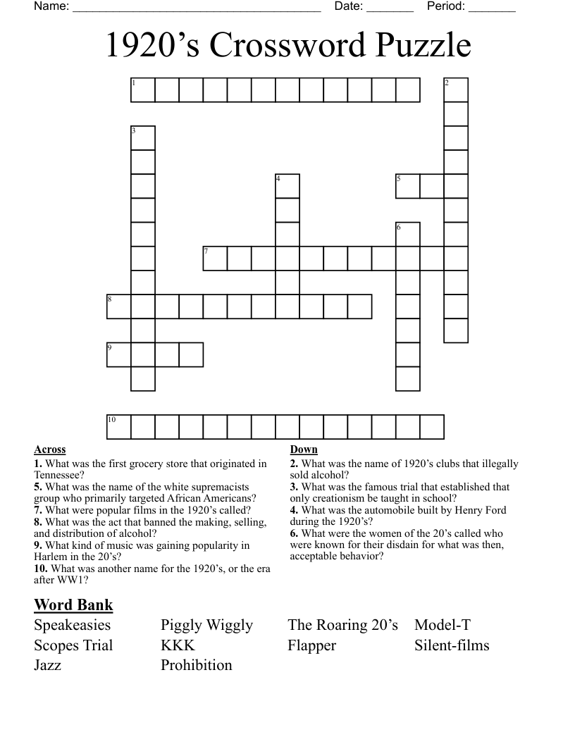 1920’s Crossword Puzzle