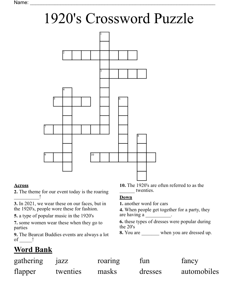 1920's Crossword Puzzle