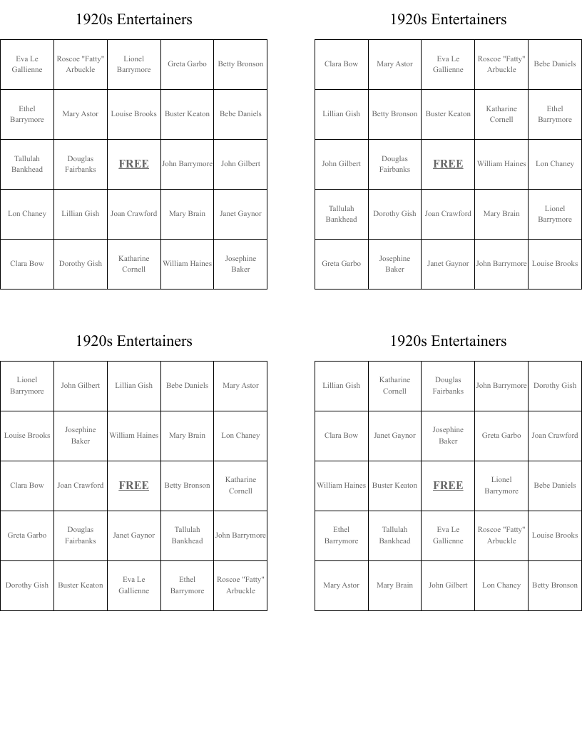 1920s Entertainers Bingo Cards