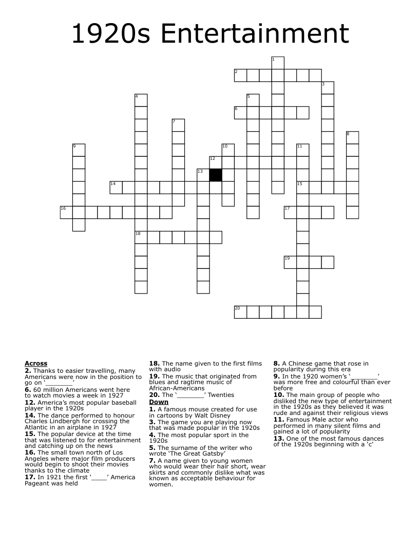 1920s Entertainment Crossword