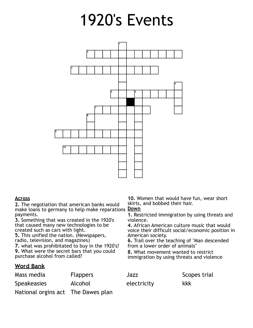 1920's Events Crossword