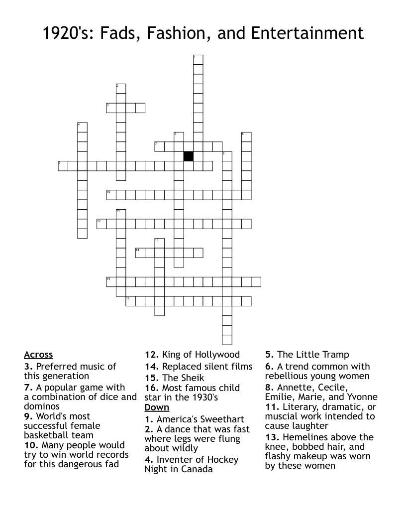 1920's: Fads, Fashion, and Entertainment Crossword