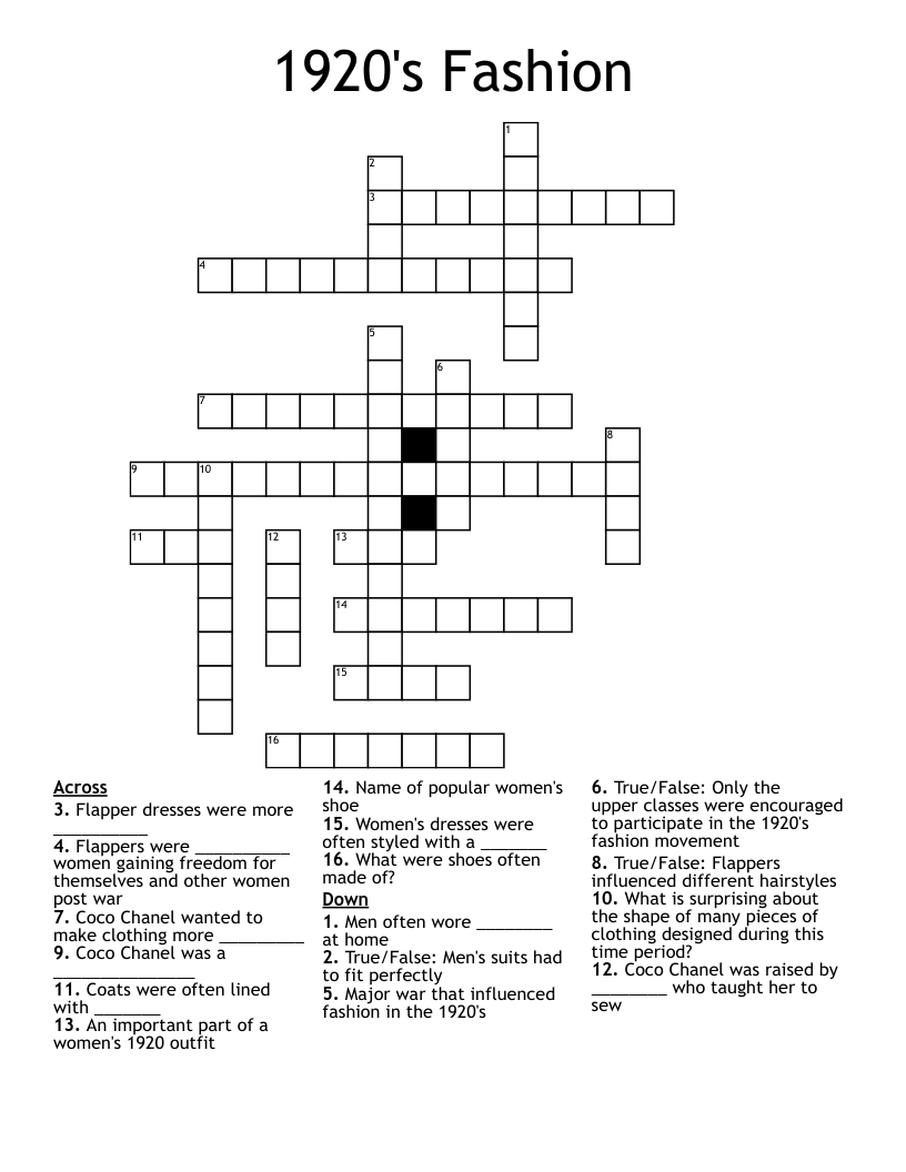 1920's Fashion Crossword