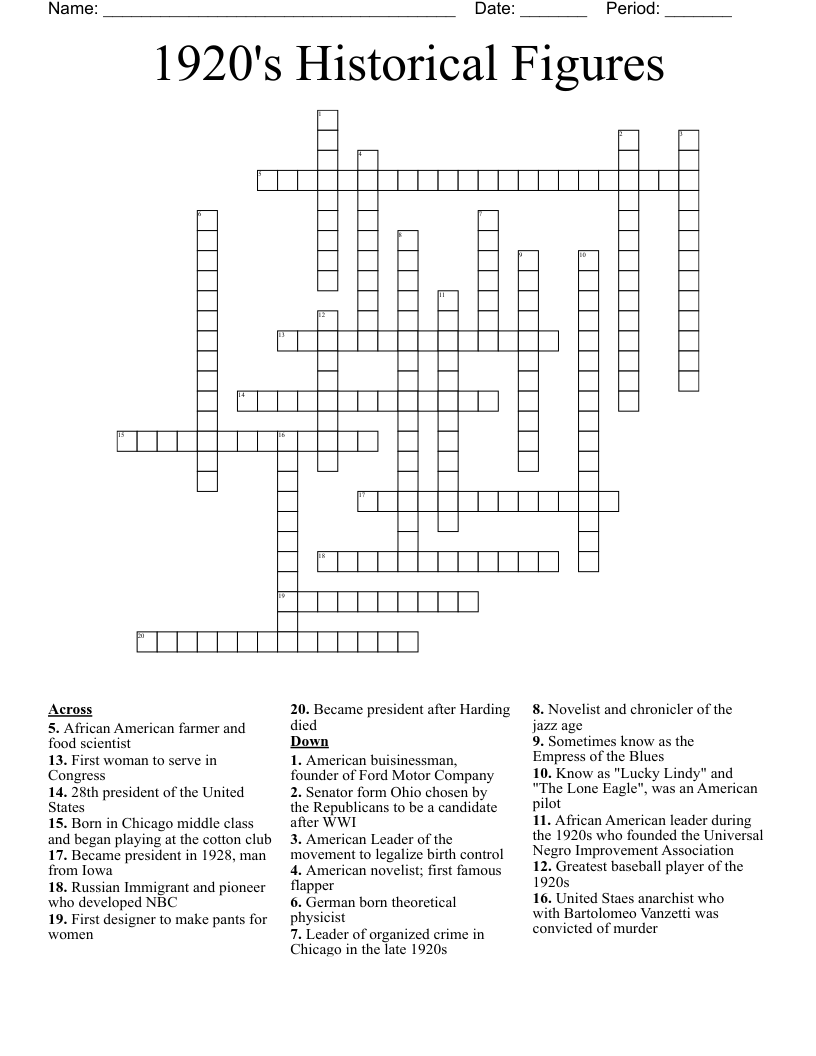 1920's Historical Figures Crossword