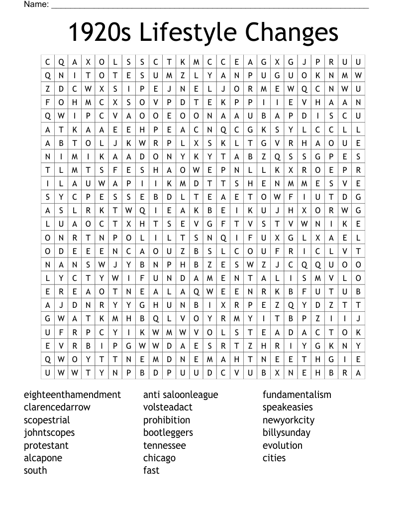 1920s Lifestyle Changes  Word Search