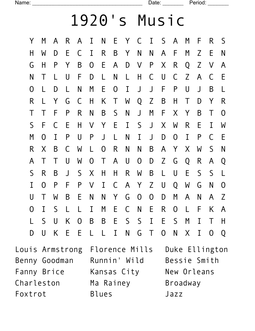 1920's Music Word Search