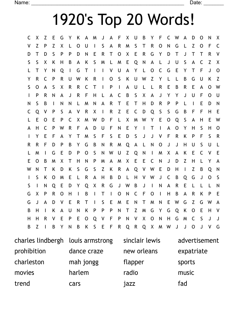 1920's Top 20 Words! Word Search