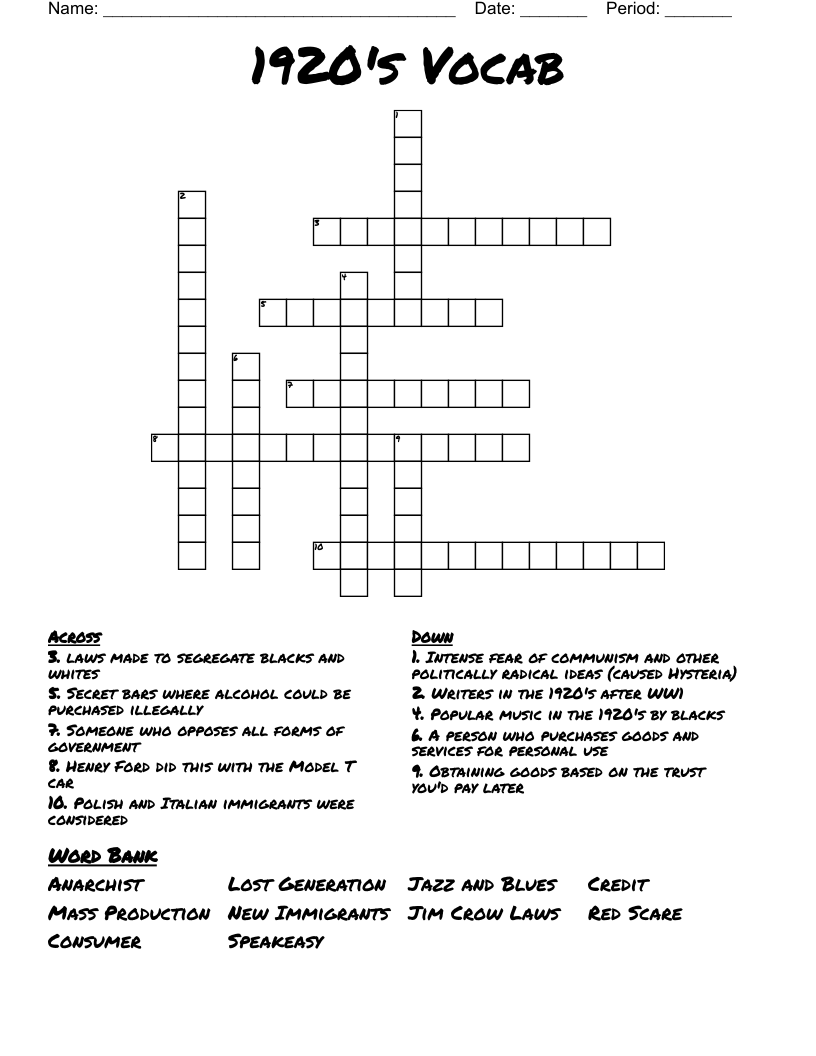 1920's Vocab Crossword