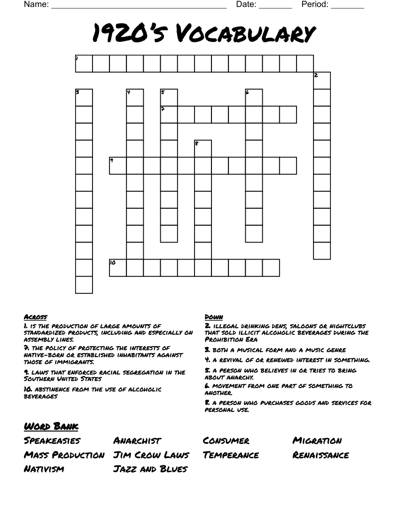 1920’s Vocabulary Crossword