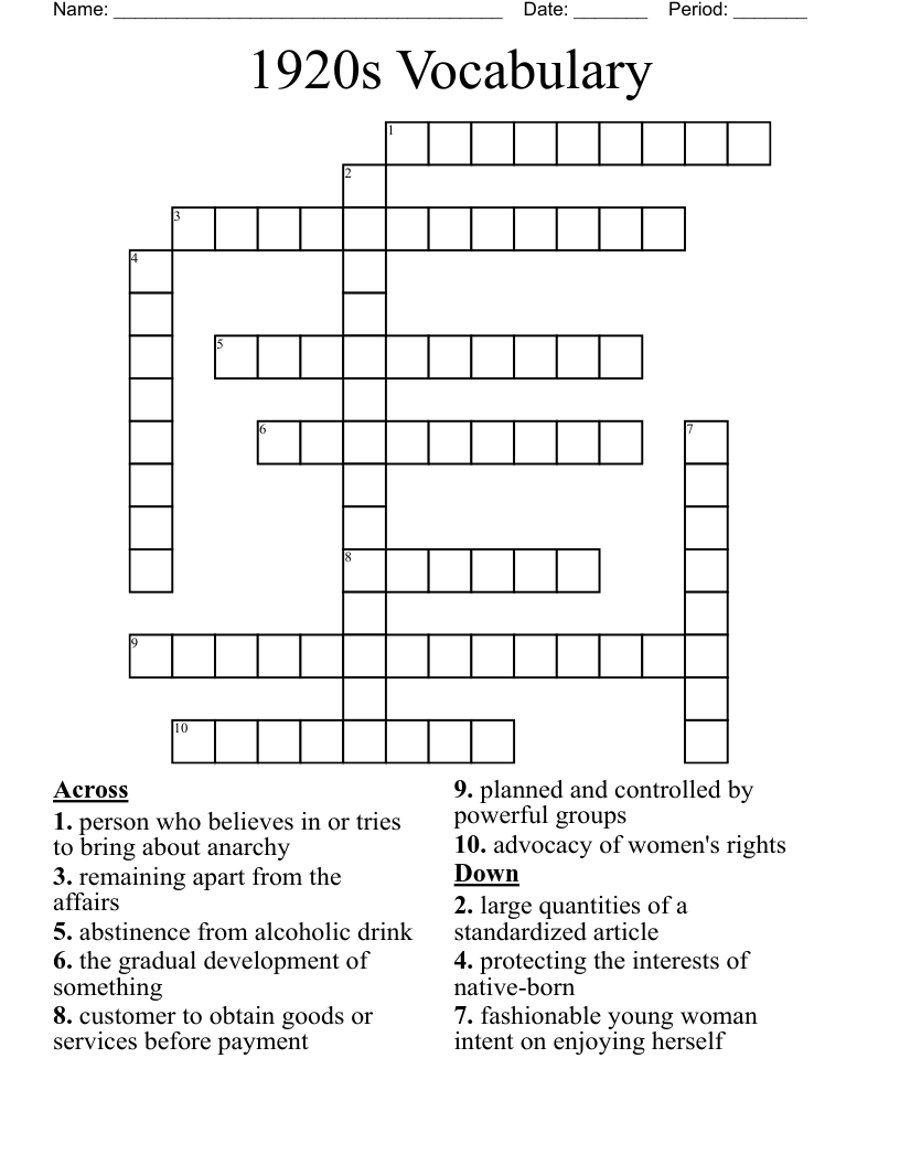 1920s Vocabulary Crossword