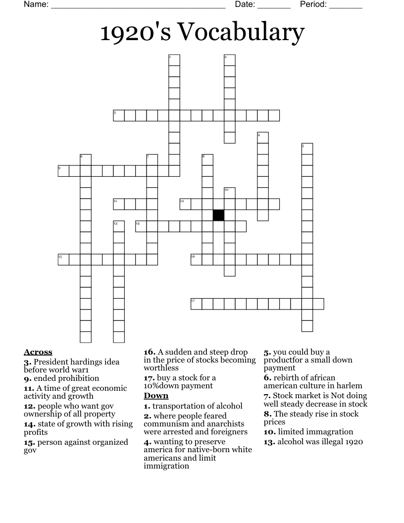 1920's Vocabulary Crossword