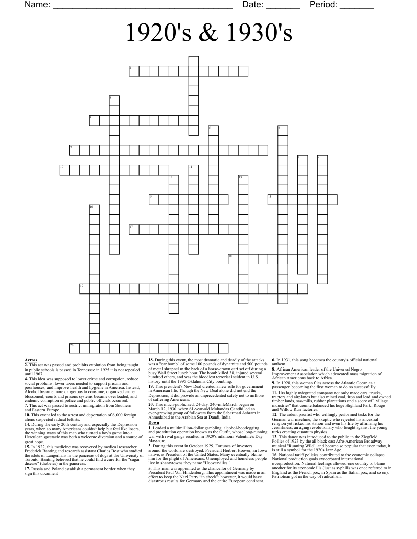 1920's & 1930's Crossword