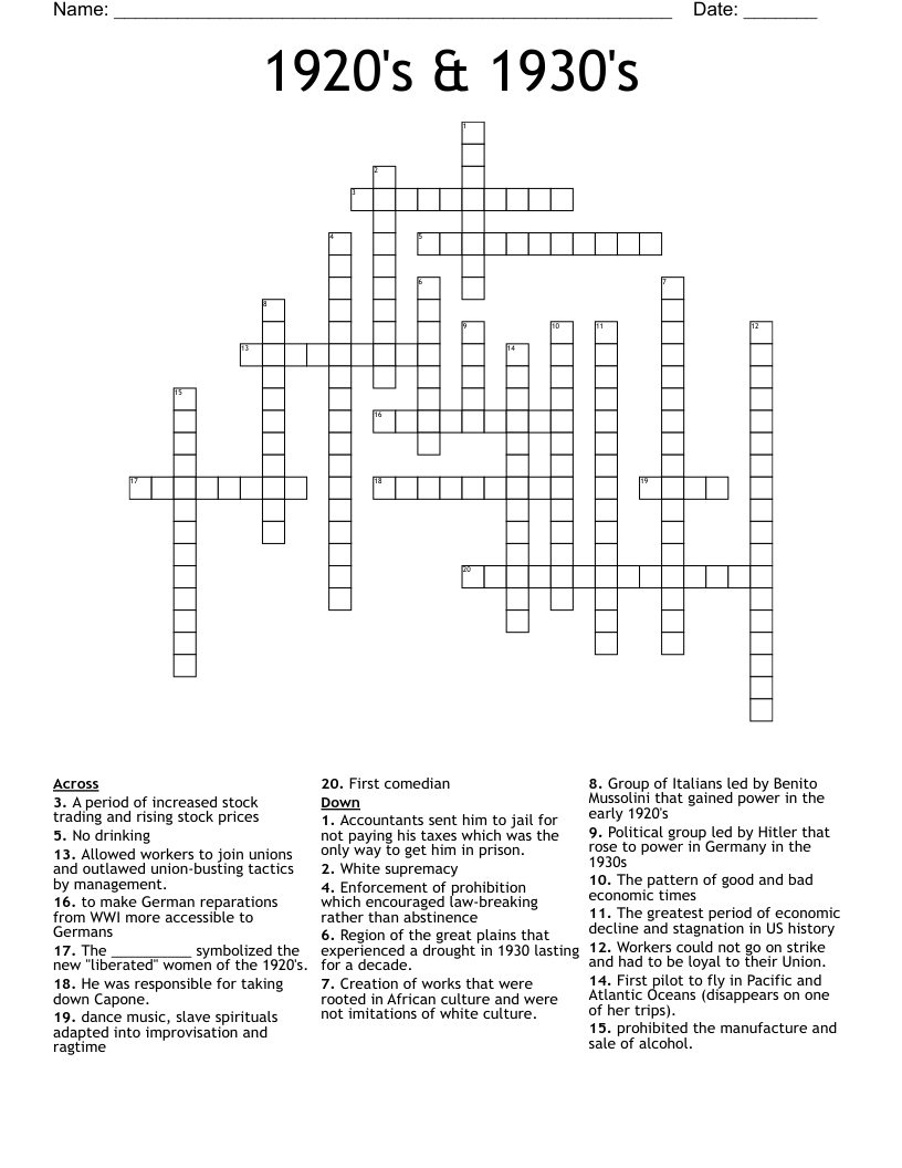 1920's & 1930's Crossword