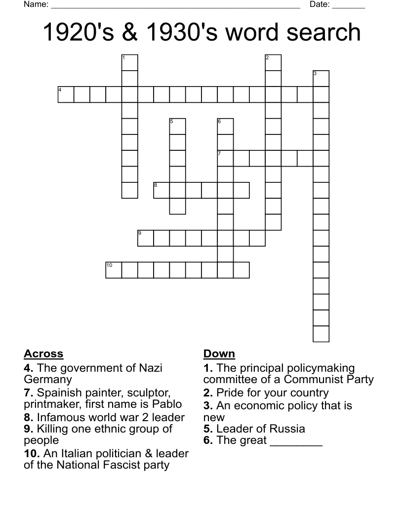 1920's & 1930's word search Crossword