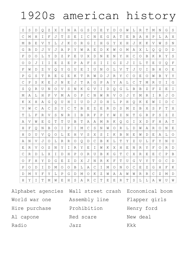 1920s american history Word Search