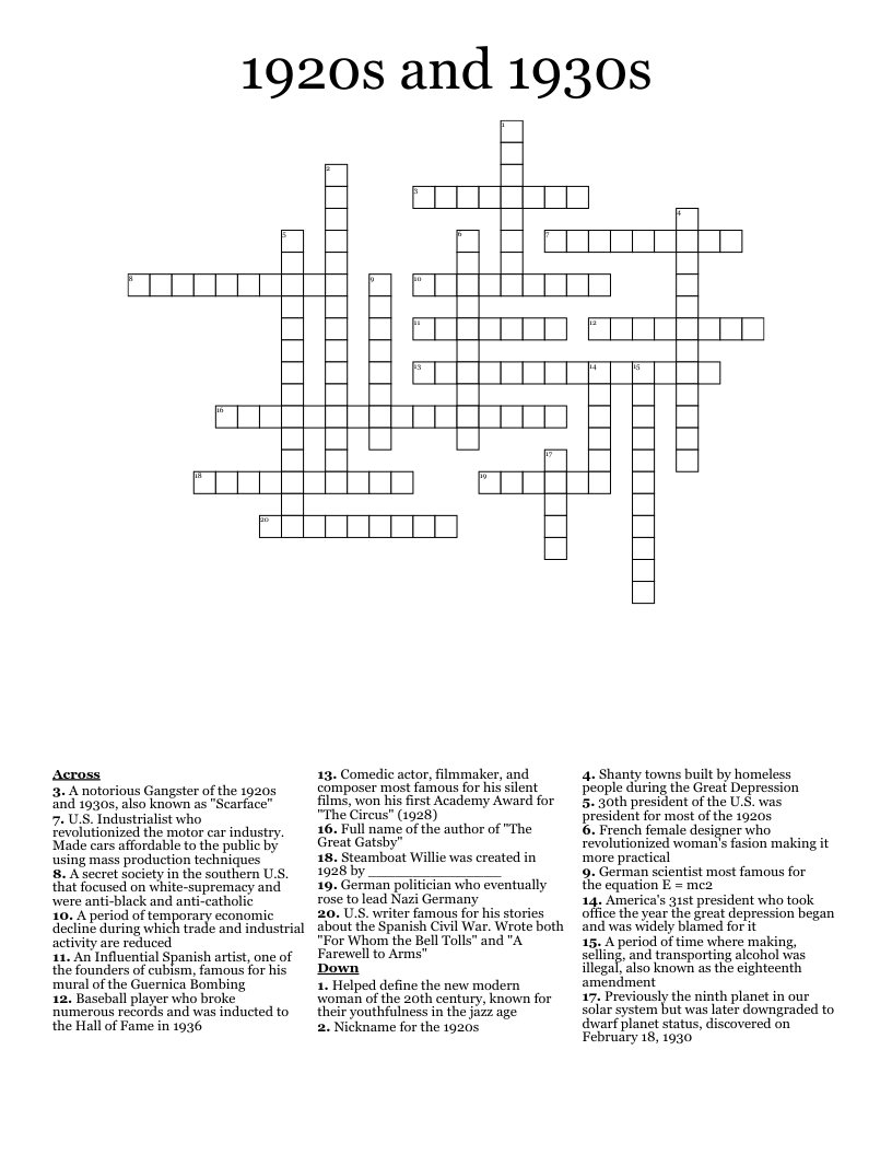 1920s and 1930s Crossword